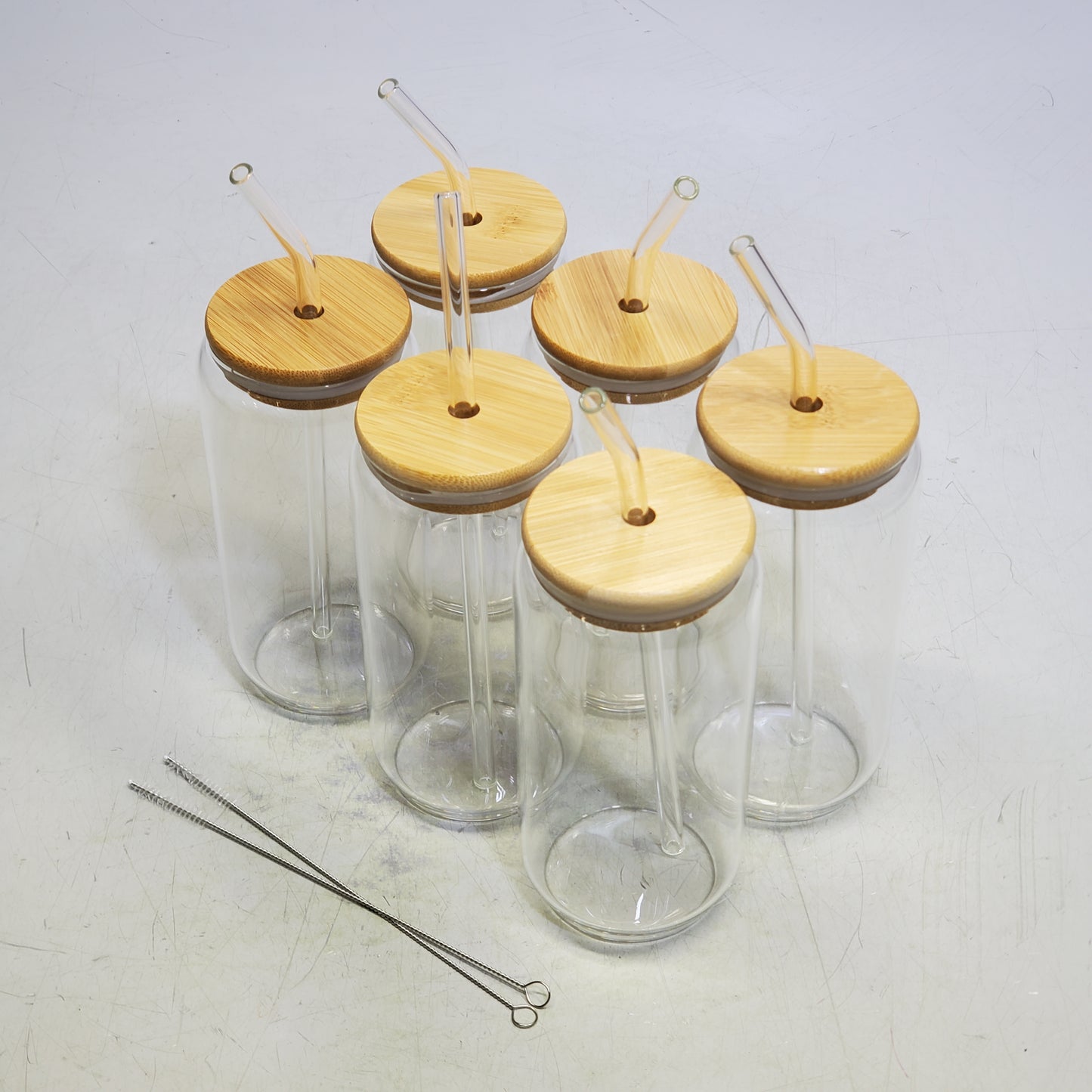 ZA@ GPED (6 Pack) Glass Cups With Bamboo Lids And Glass Straw Set 6.25" Clear KELETAOLIU A