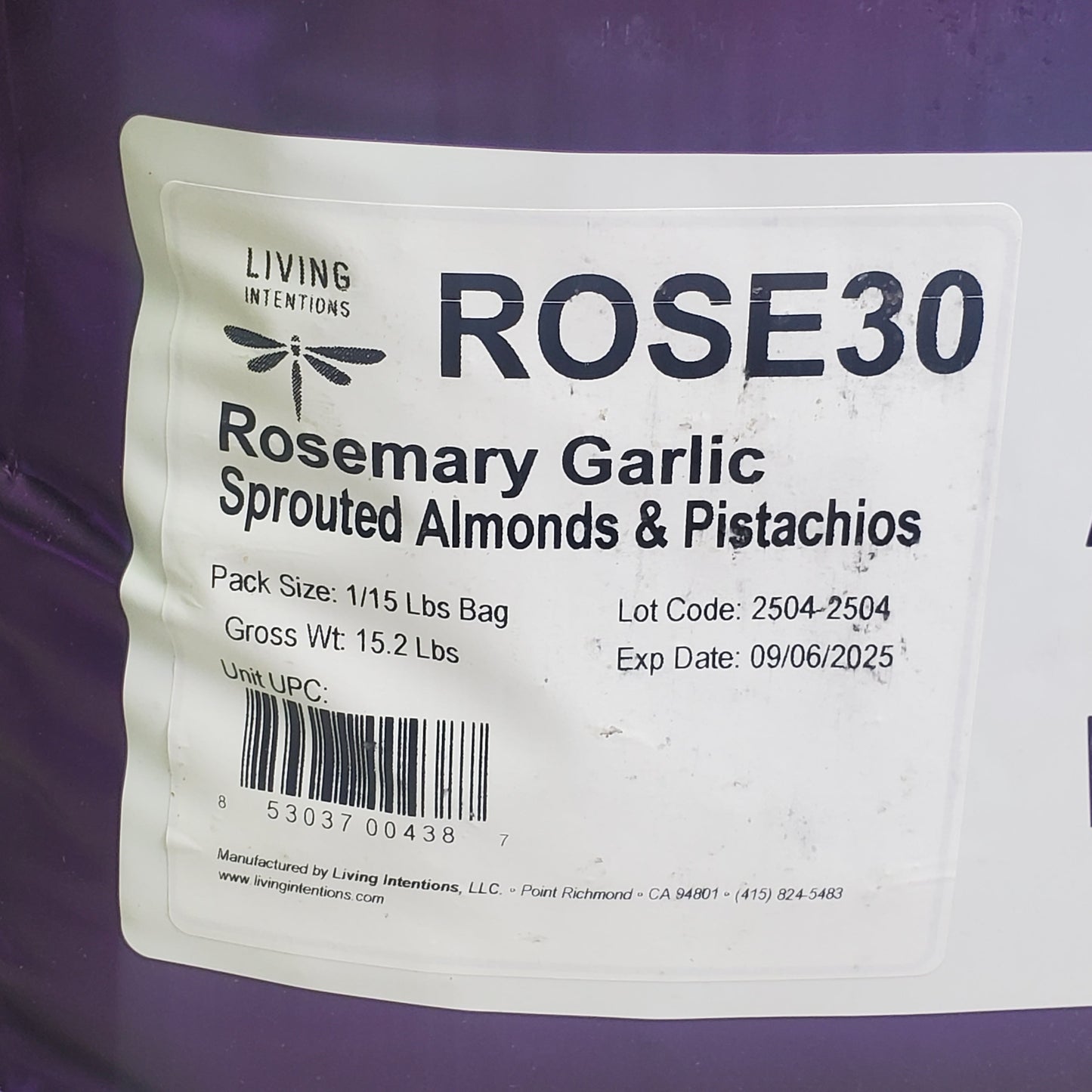 ZA@ LIVING INTENTIONS Sprouted Almonds & Pistachios 15 Lbs Rosemary Garlic BB 09/25 D