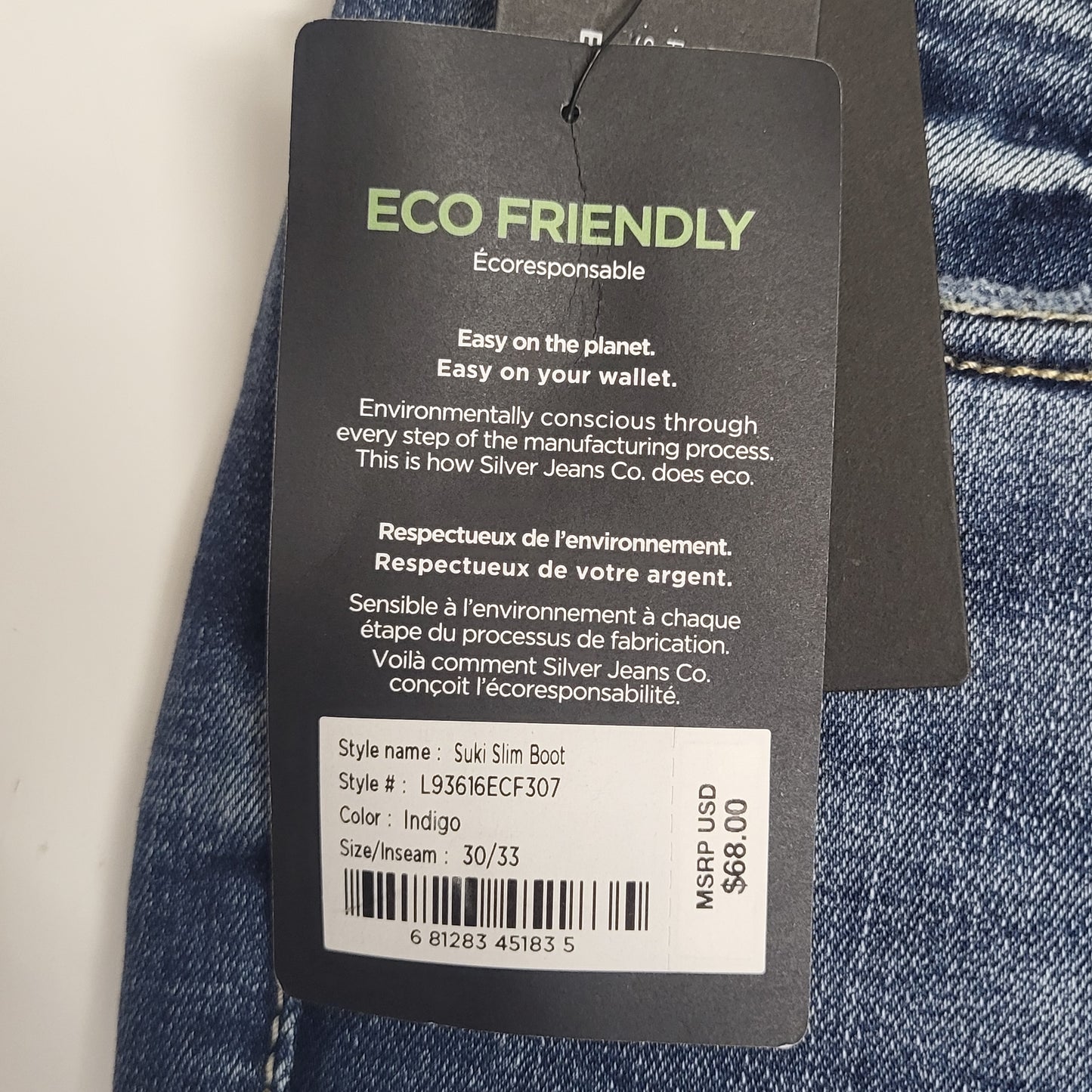 SILVER JEANS CO. Suki Curvy Fit Mid Rise Slim Boot Eco Friendly Sz 30/33 Indigo