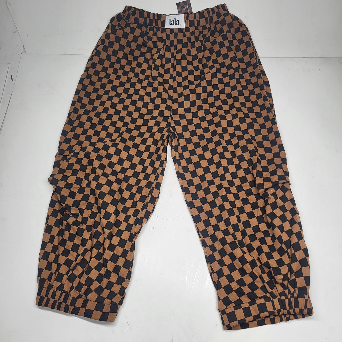 DRESSED IN LALA Rocky Harem Baggy Pants  SZ L Caramel + Black Checkerboard