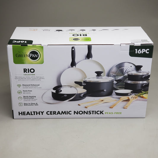 GREENPAN (16 Pc) Rio Collection Healthy Ceramic Nonstick Pan Set Black CC002639-001 (New Other)