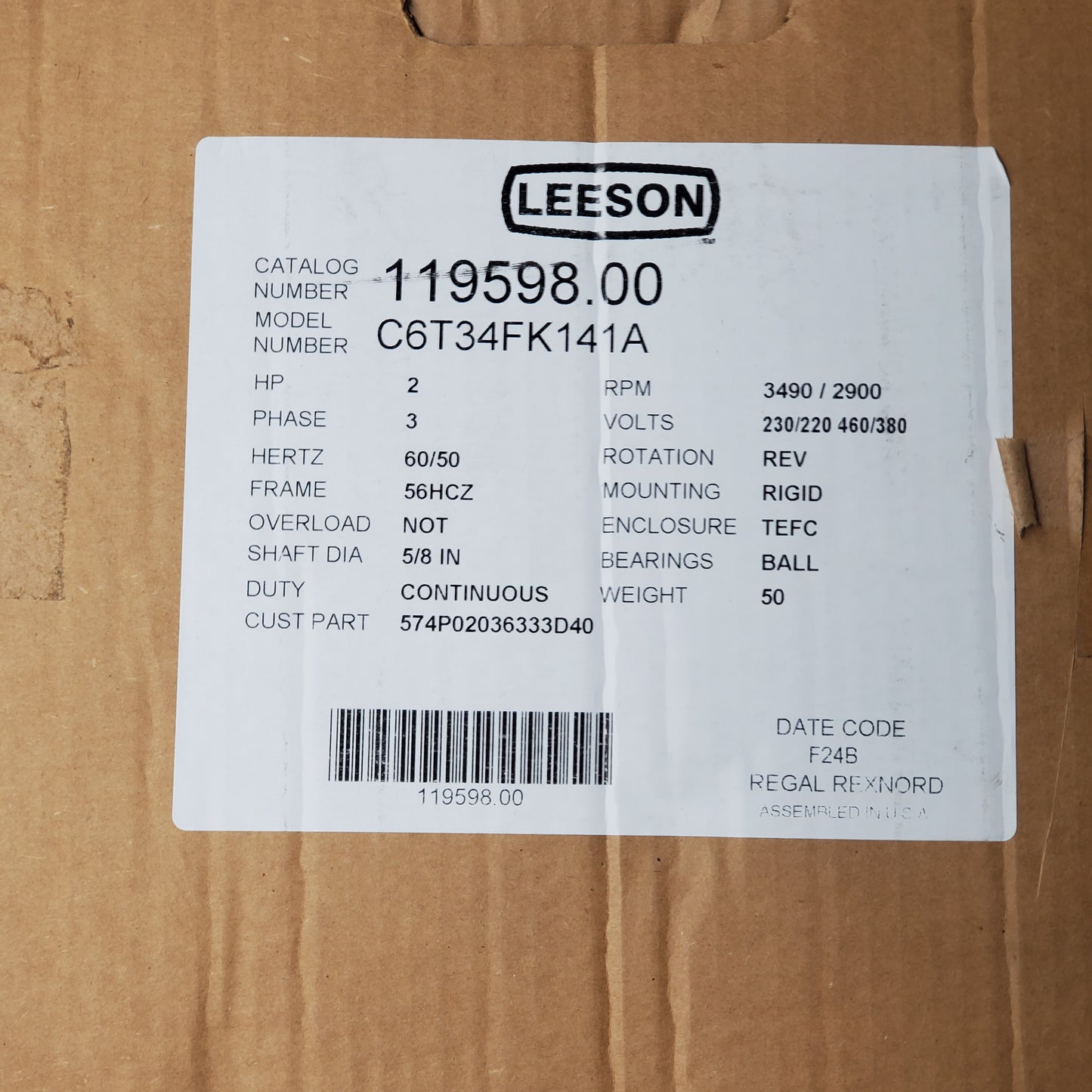 LEESON 3 Phase Continuous Motor 60/50 Hz 5/8" Shaft 2HP White C6T34FK141A