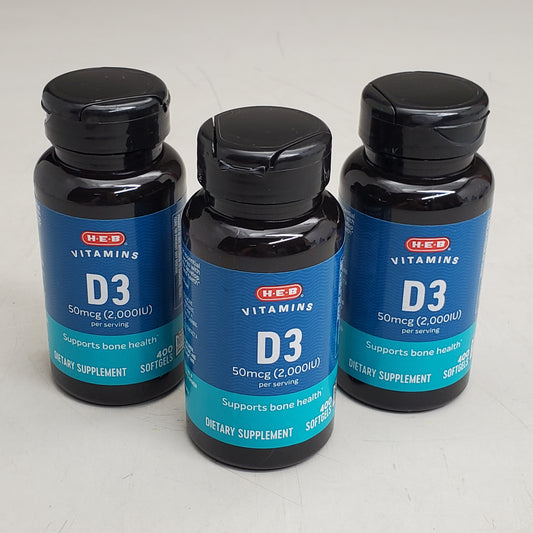 HEB (3 Pack) D3 Bone Health Support Vitamins 50mcg 400 SoftGels Dietary Supplements BB 10/26