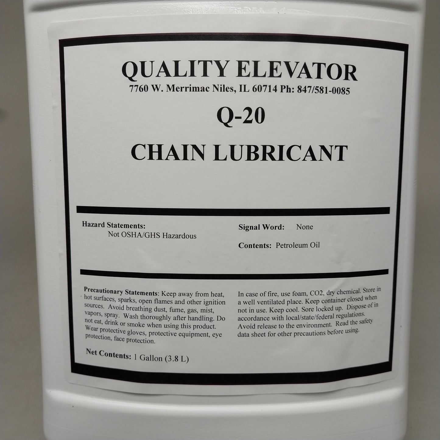 QUALITY ELEVATOR 1 Gallon Q-20 Chain Lubricant 12.5"x7.5" White