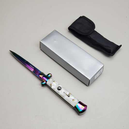 ZA@ ARMED FORCE TACTICAL Hand Crafted OTF Pocket Knife 9" Knife 4" Blade White/Rainbow ST-7RWP