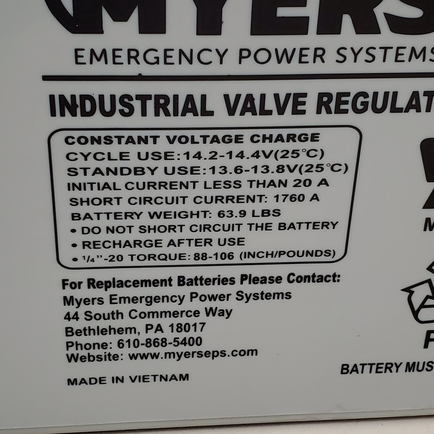 MYERS Vrla Rechargeable Gel Battery Emergency Power Systems CTB31RGEL (New Other)