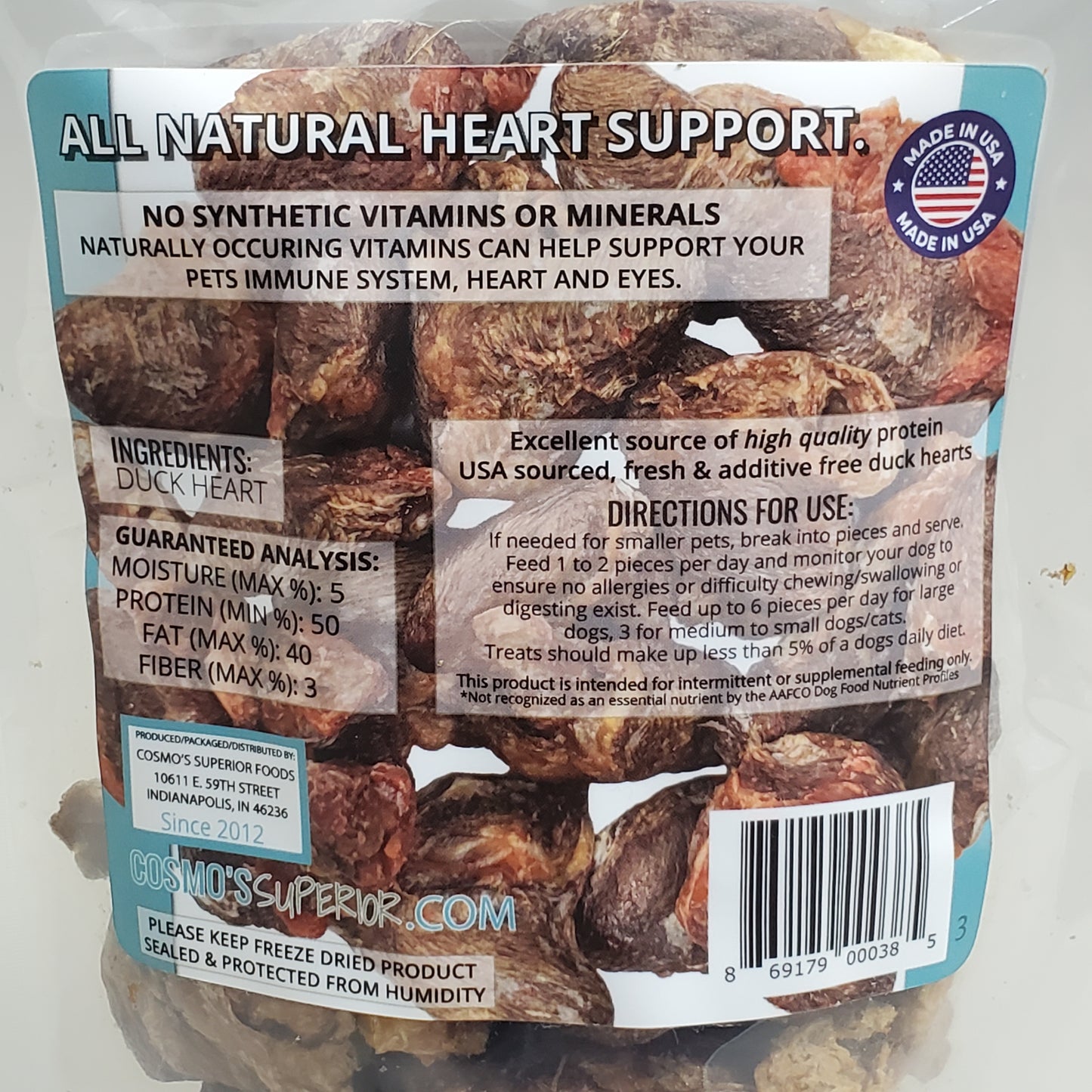 COSMO'S SUPERIOR FOODS Freeze Dried Whole Duck Hearts Cat & Dog Food 3 oz BB 04/26