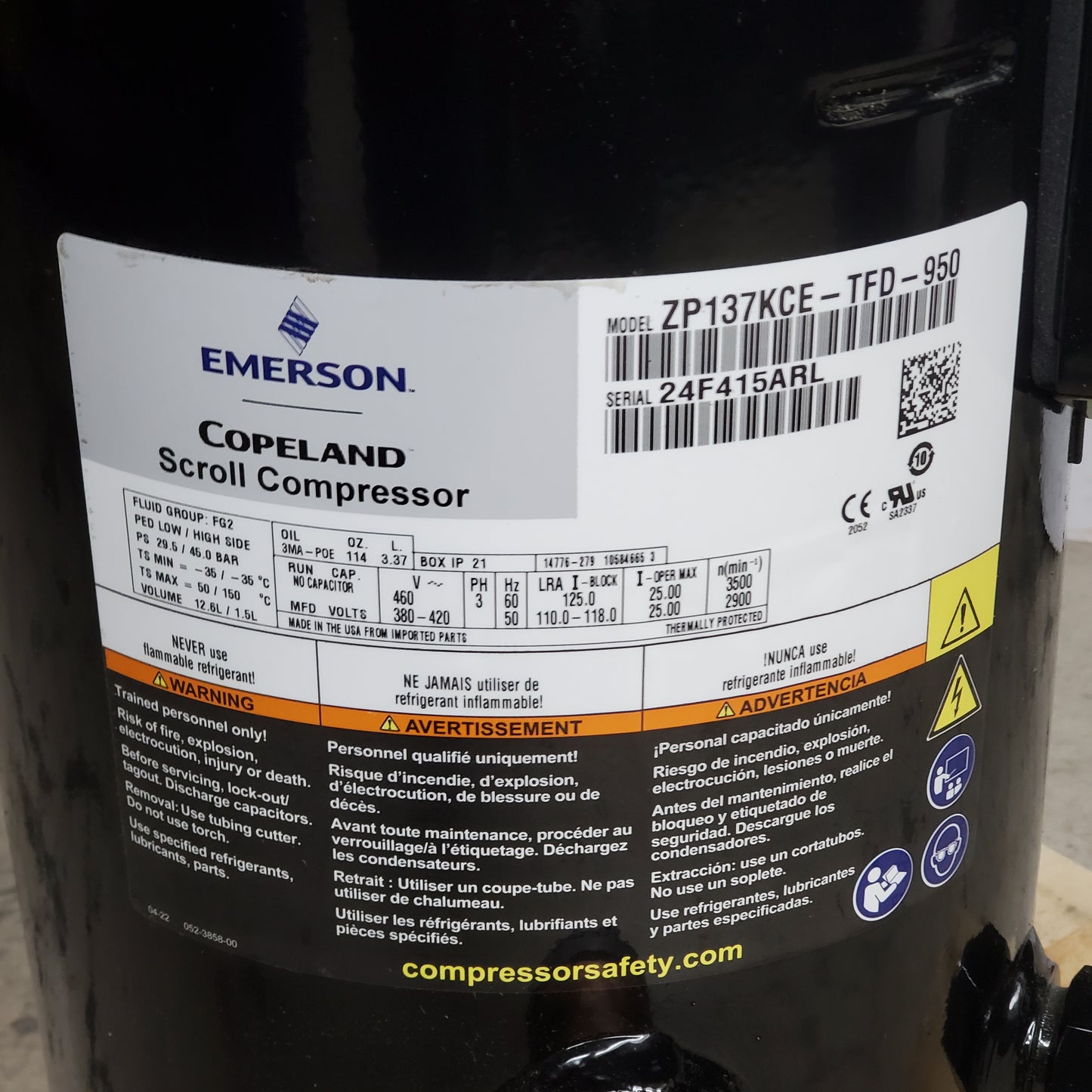 EMERSON Copeland Scroll Compressor High Temp R410A 460v3ph 168,000btu ZP137KCETFD950
