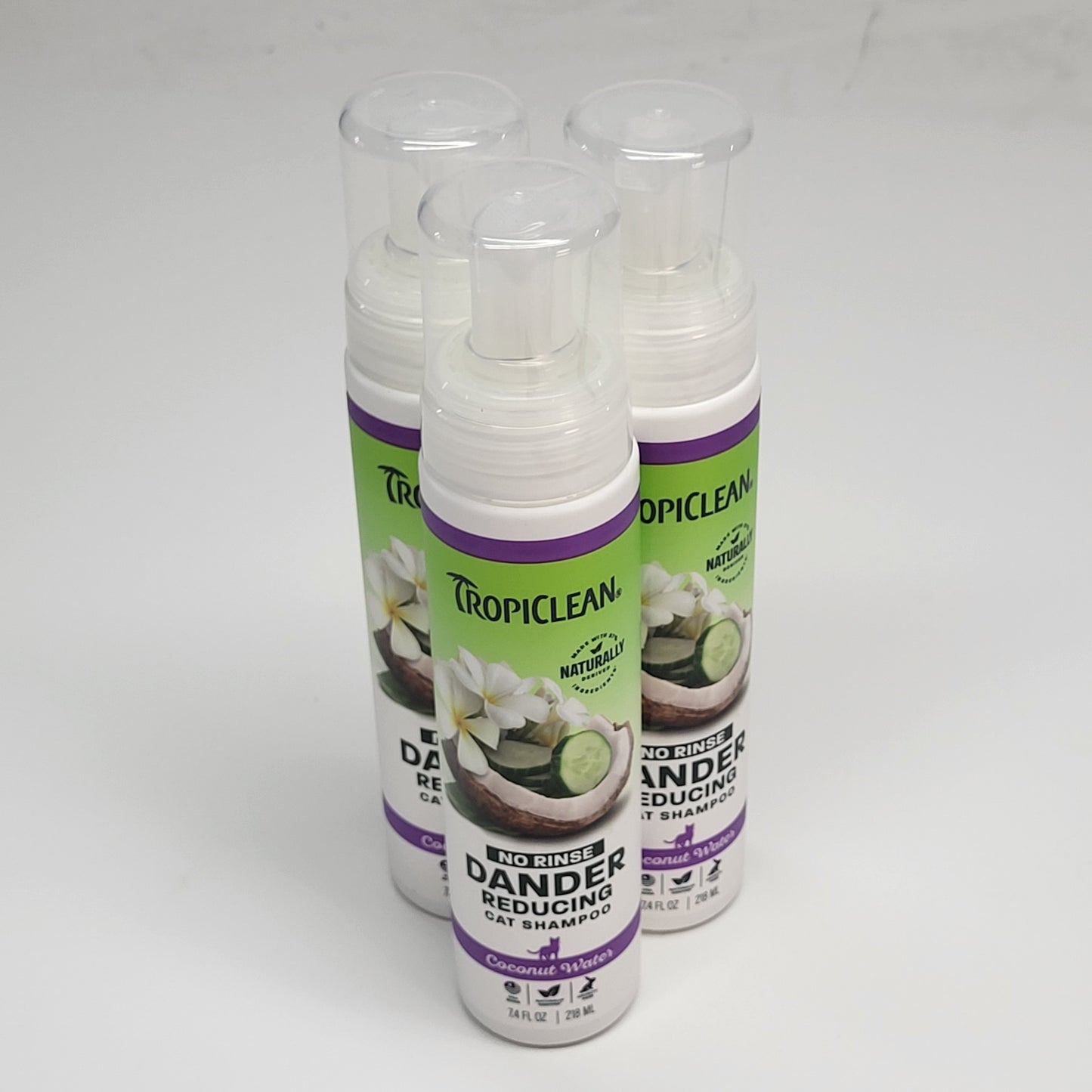 TROPICLEAN (3 PACK) No Rinse Dander Reducing Cat Shampoo Coconut Water 7.4 oz