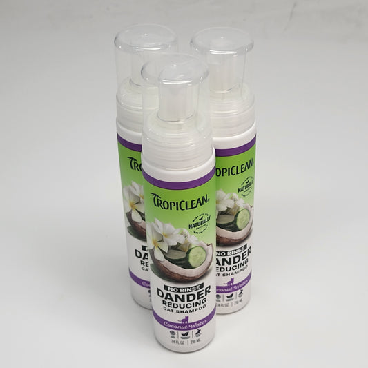 TROPICLEAN (3 PACK) No Rinse Dander Reducing Cat Shampoo Coconut Water 7.4 oz