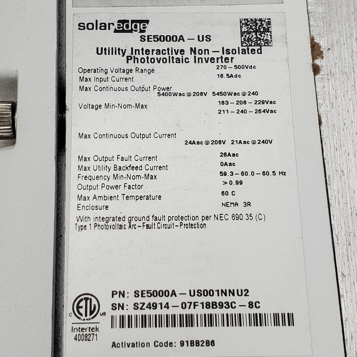 SOLAREDGE Photovoltaic System Dc Disconnect  270-500vdc SE5000A-US001NNU2 (For Parts)
