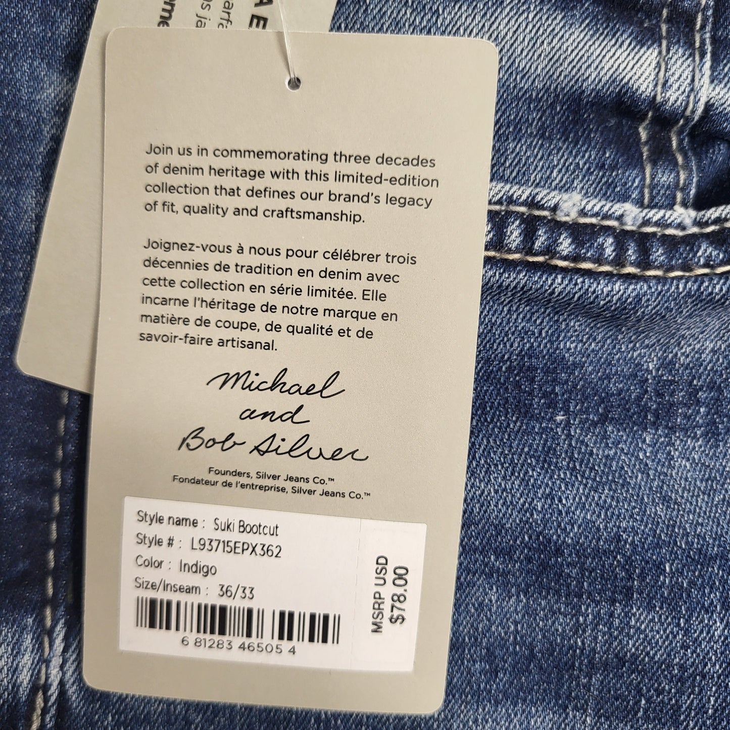 SILVER JEANS CO. Suki Curvy Fit Mid Rise 30th Anniversary Bootcut 36/33 Indigo