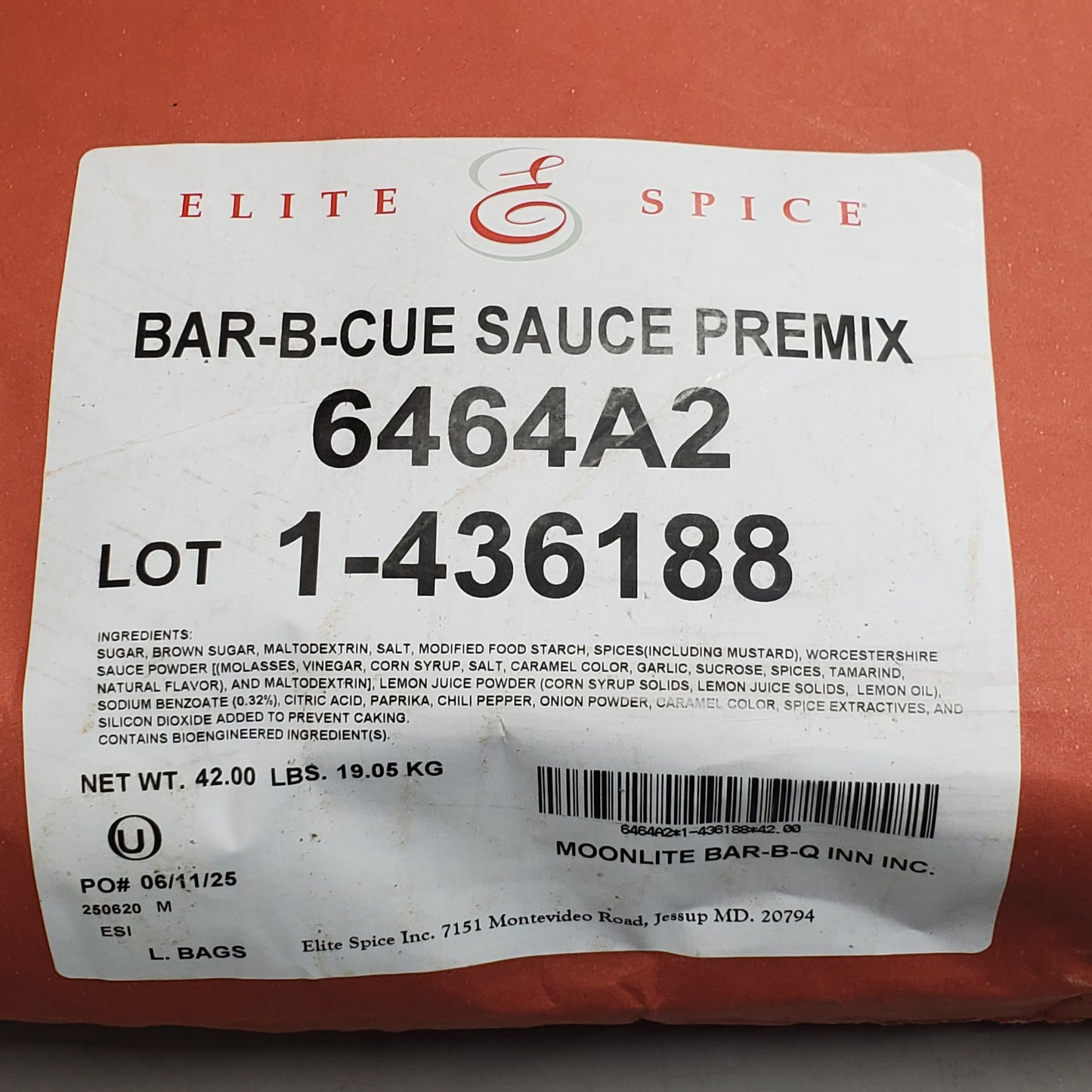 ELITE SPICE Moonlite Bar-B-Cue Sauce Premix 42 LBS 6464A2 BB 06/28