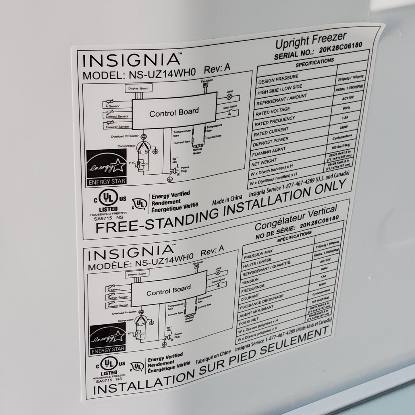 INSIGNIA Convertible Upright Freezer Energy Star 13.8 Cu. Ft. 28"wx30"dx62"t NS-UZ14WH0 (Like New)