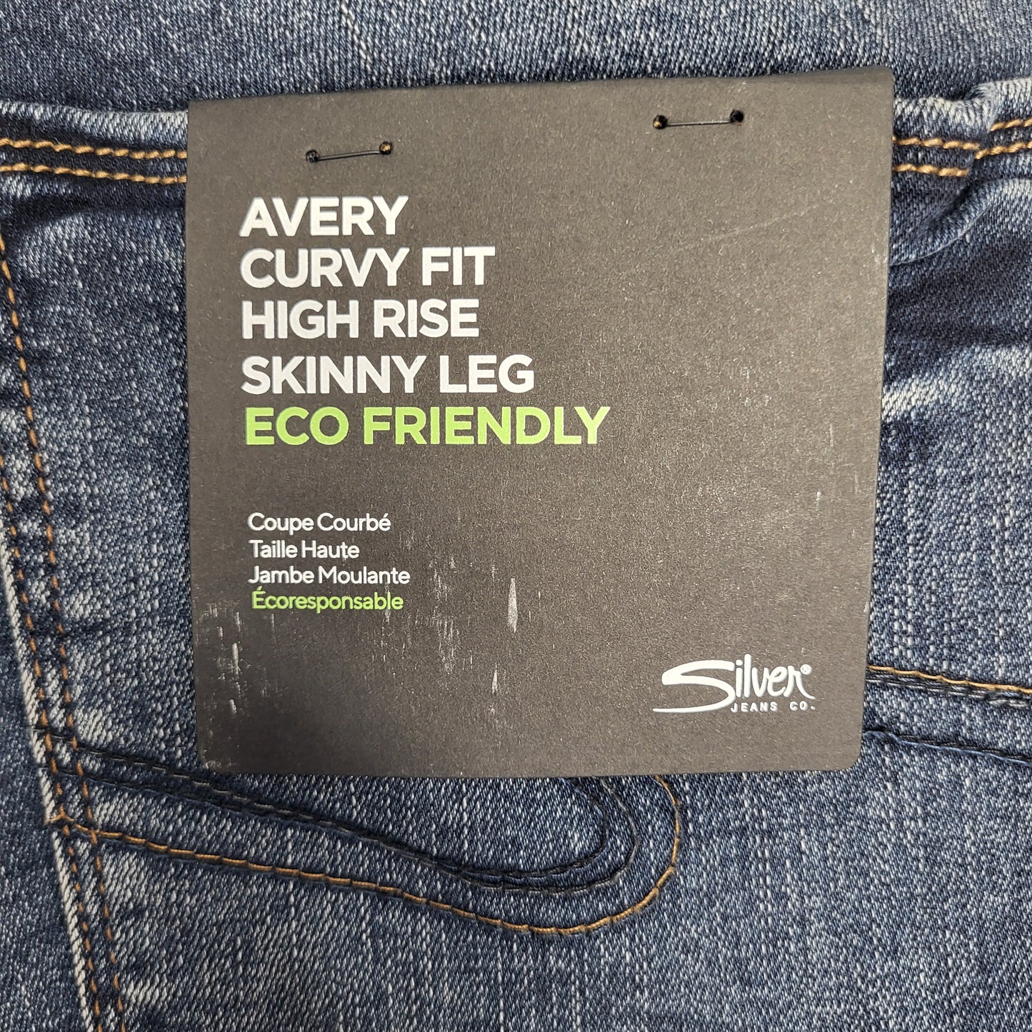 SILVER JEANS CO. Avery Curvy Fit High Rise Skinny Leg Eco Friendly Sz 34/29 Indigo