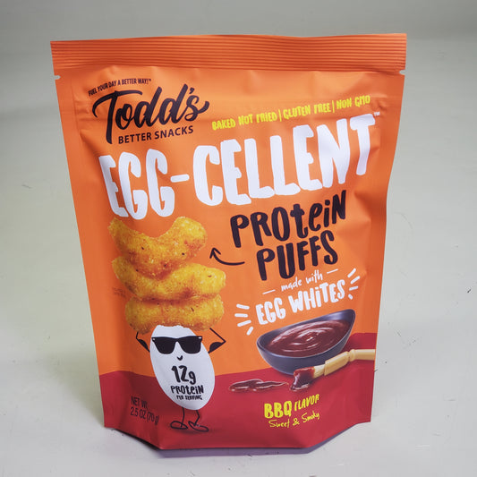 TODDS (12 Pack) Egg-Cellent Protein Puffs BBQ Flavor Sweet & Smokey 2.5 oz BB 12/25