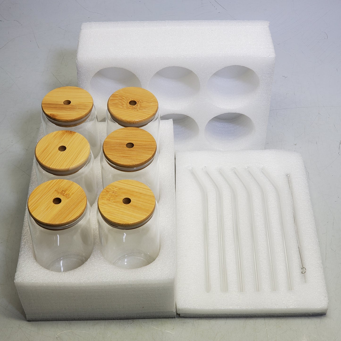 ZA@ GPED (6 Pack) Glass Cups With Bamboo Lids And Glass Straw Set 6.25" Clear KELETAOLIU A