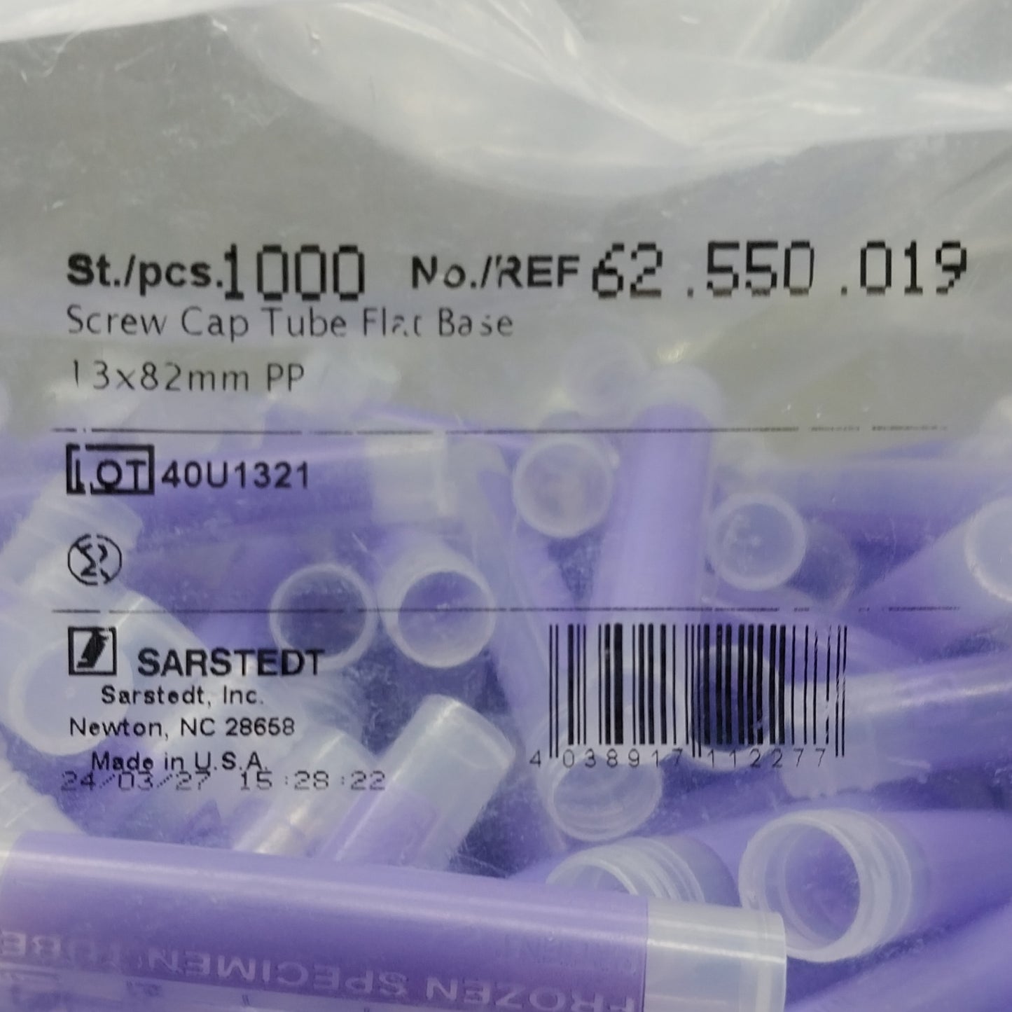 SARSTEDT 1000 Pack Screw Cap Tube Flat Base Size 13 x 82mm Purple 62.550.019