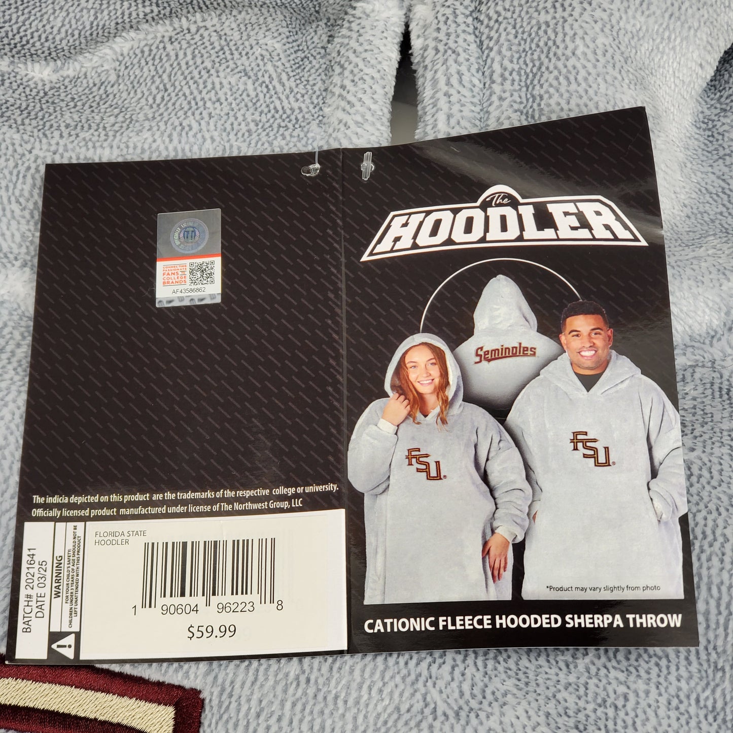THE HOODLER Cationic Fleece Hooded Sherpa Throw FSU Seminoles One Size Fits Most Grey Florida State