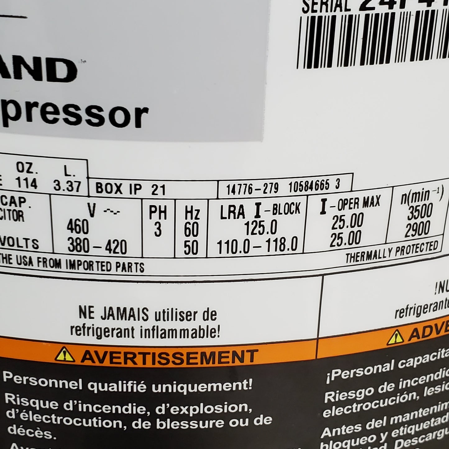 EMERSON Copeland Scroll Compressor High Temp R410A 460v3ph 168,000btu ZP137KCETFD950