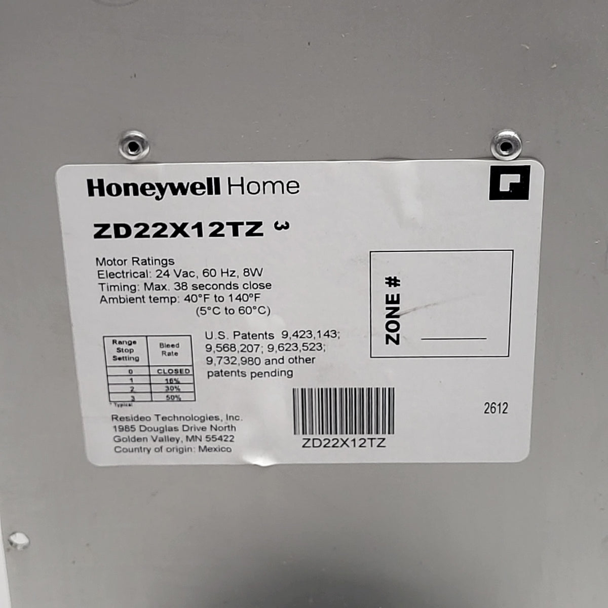 HONEYWELL HOME Truezone Rectangular Parallel Blade Damper 22"x12" ZD22X12TZ