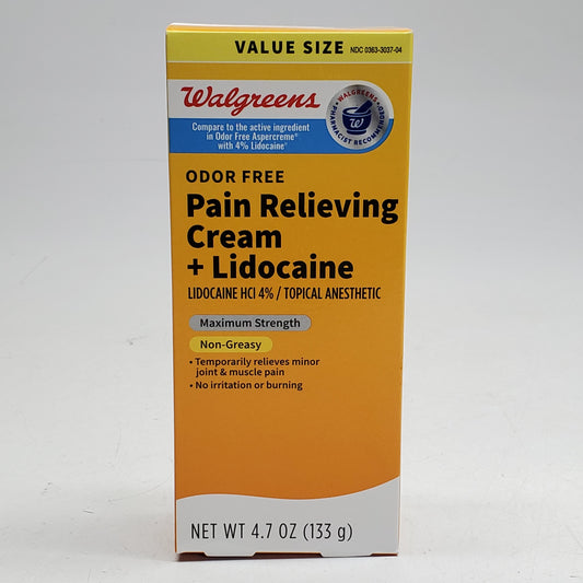 WALGREENS Pain Relieving Cream + Lidocaine Topical Anesthetic 4.7 OZ BB 02/27