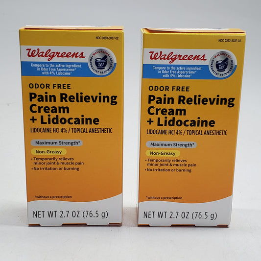 WALGREENS (2 Pack) Pain Relieving Cream + Lidocaine Topical Anesthetic 2.7 OZ BB 01/27