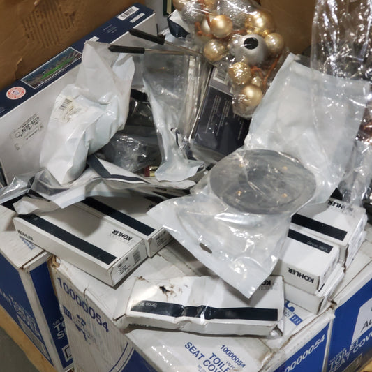 ZA@ Pallet of MIXED Kohler Faucet & Drain Parts, Toilet Seat Covers, Ion Speaker Damaged, Returned Epos Wireless Headphones, Box Of Clear Bags Amd Etc. (AS-IS)