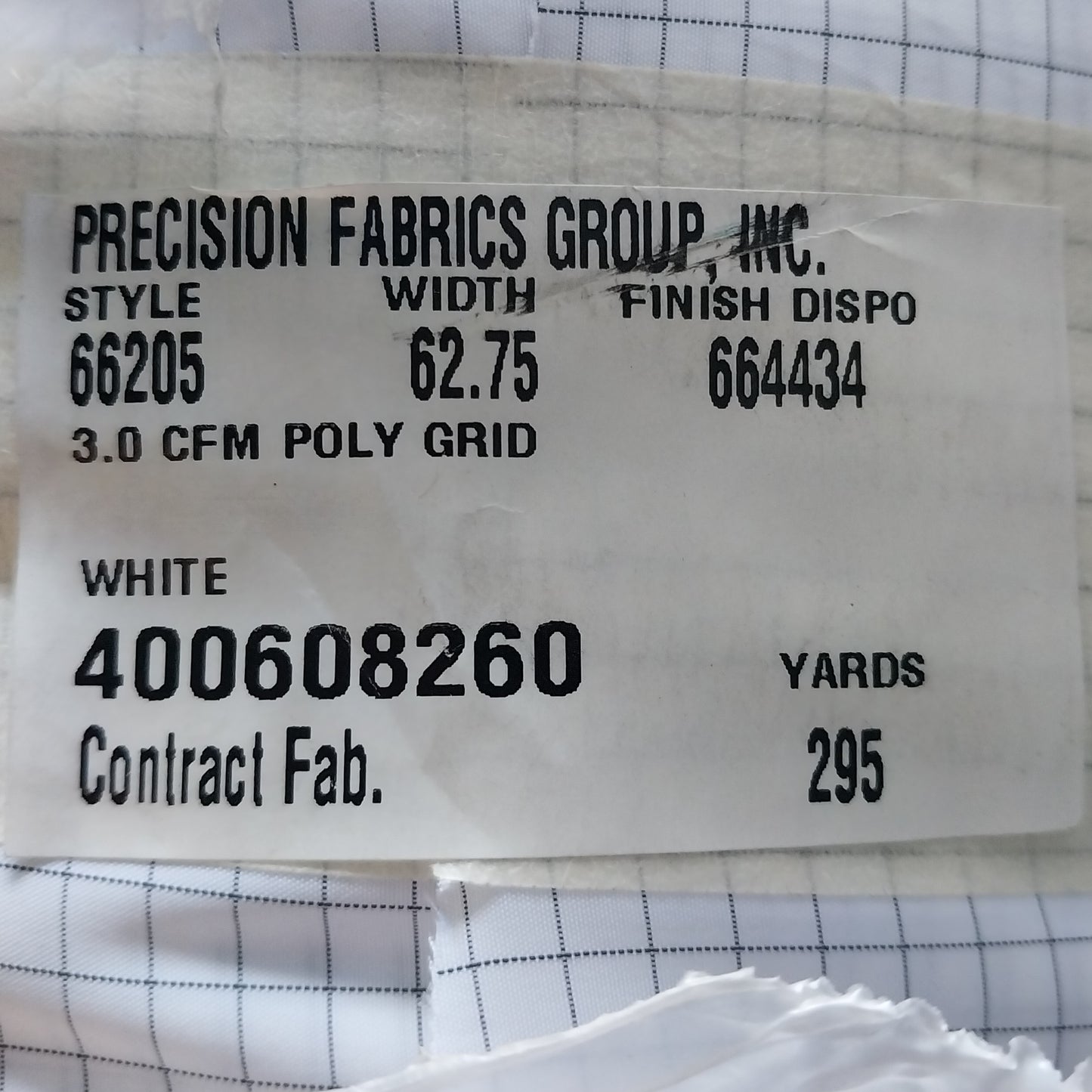 PRECISION FABRICS GROUP 3.0 CFM Poly Grid Fabric Sz 295 Yards L 62.75" W 66205