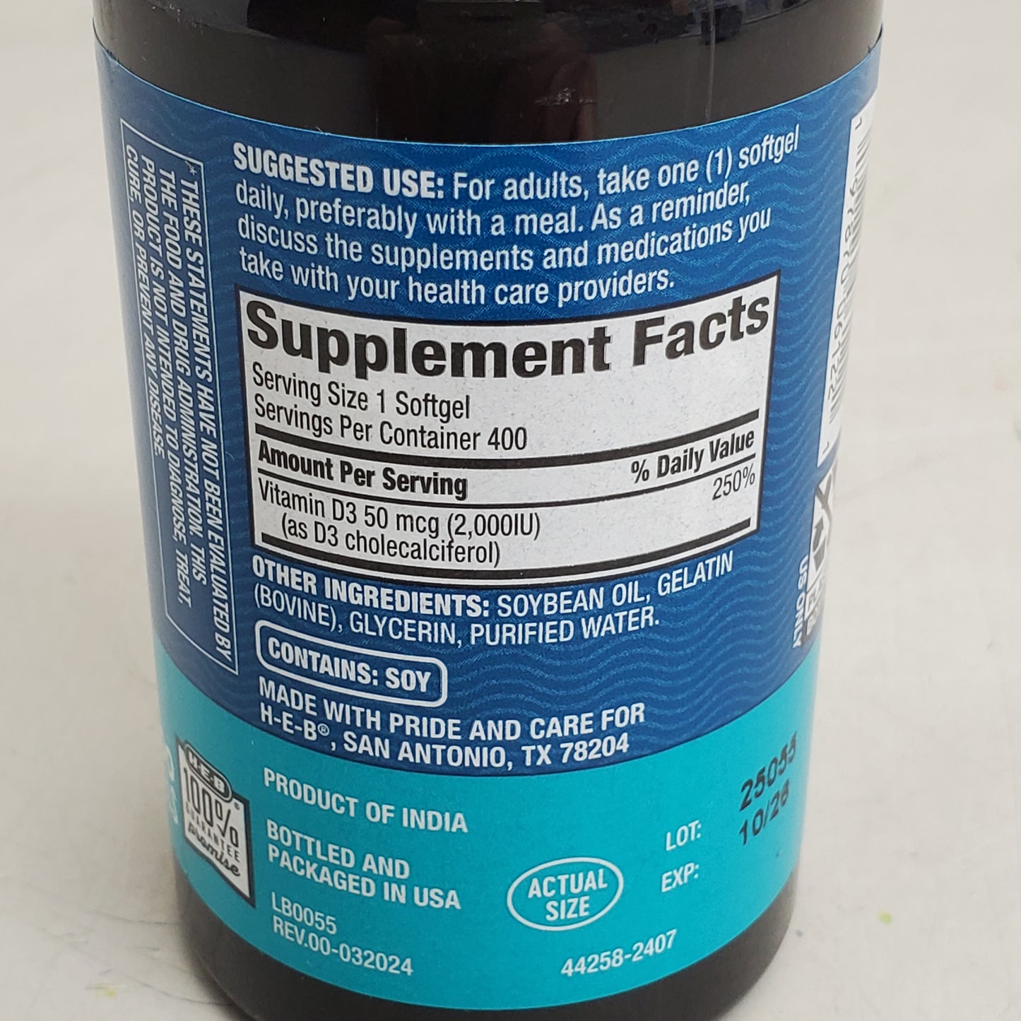 HEB (3 Pack) D3 Bone Health Support Vitamins 50mcg 400 SoftGels Dietary Supplements BB 10/26