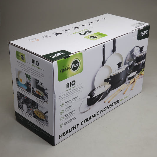 GREENPAN (16 Pc) Rio Collection Healthy Ceramic Nonstick Pan Set Black CC002639-001 (New Other)