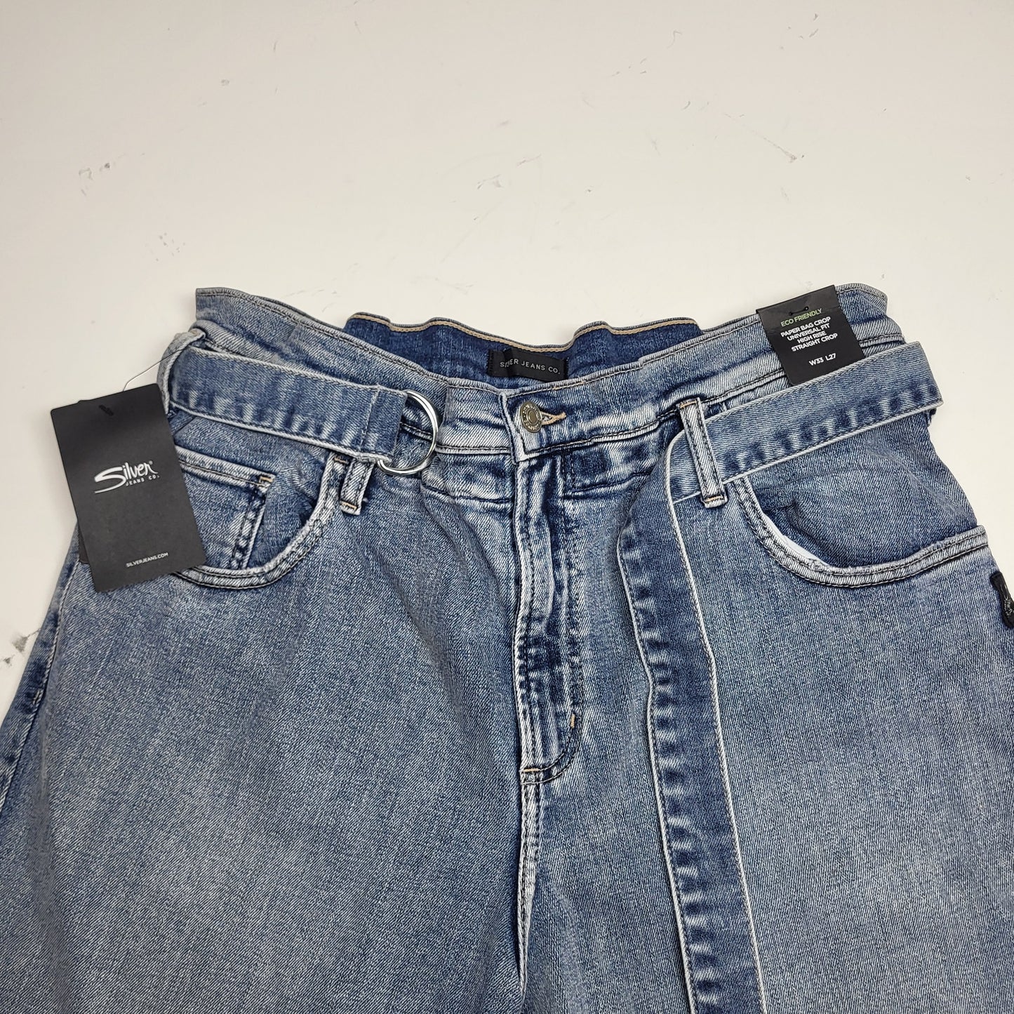 SILVER JEANS CO. Paper Bag Crop High Rise Straight Eco Friendly Sz 33/27 Indigo