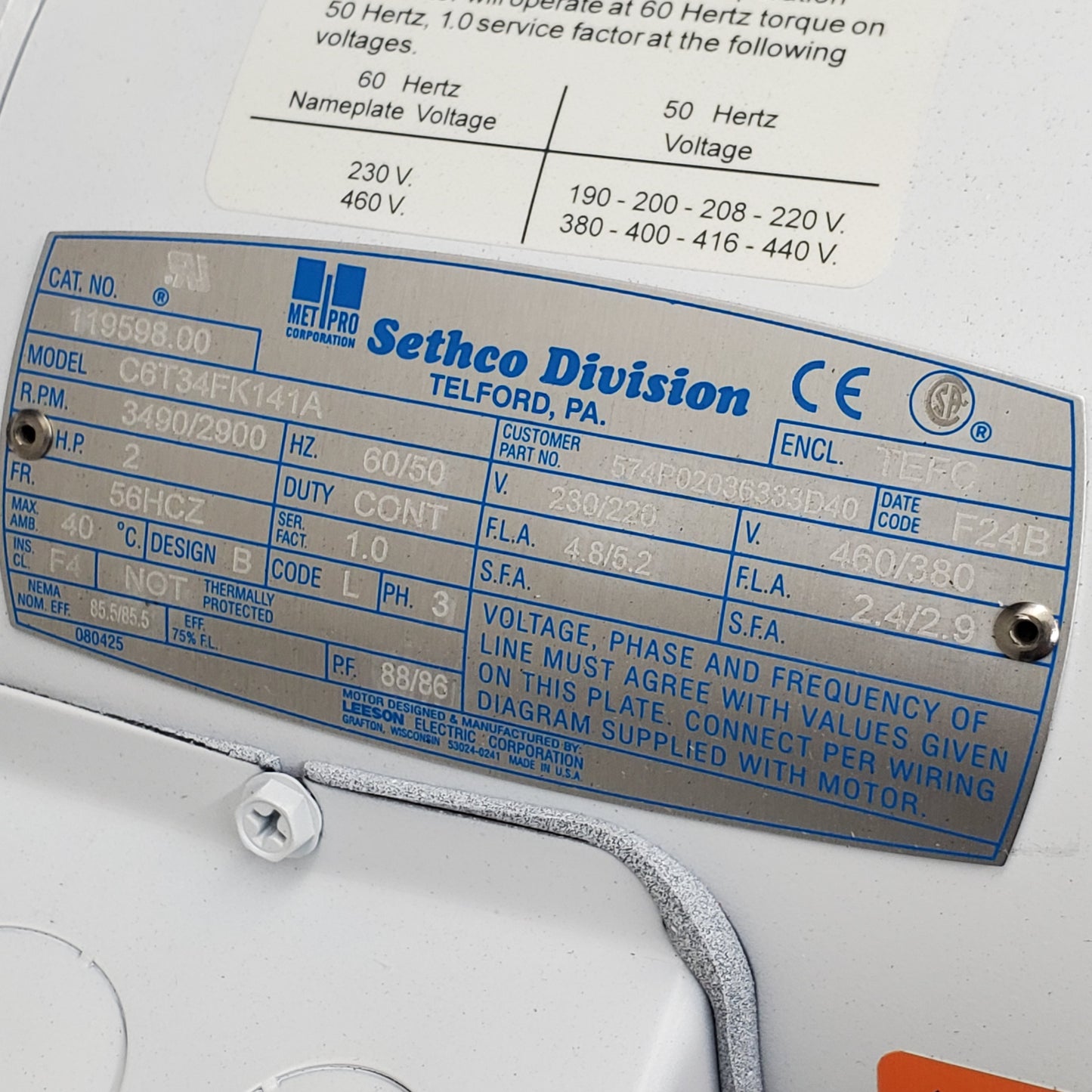 LEESON 3 Phase Continuous Motor 60/50 Hz 5/8" Shaft 2HP White C6T34FK141A