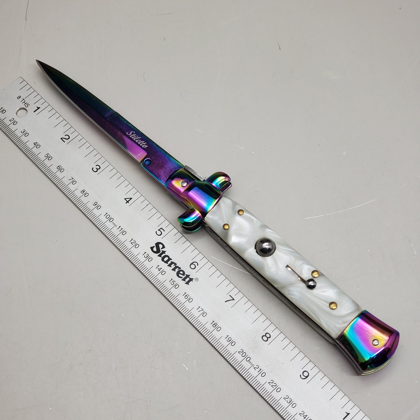 ZA@ ARMED FORCE TACTICAL Hand Crafted OTF Pocket Knife 9" Knife 4" Blade White/Rainbow ST-7RWP