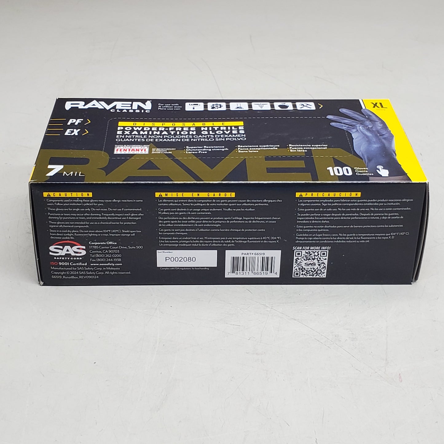 RAVEN (100 Gloves) Powder Free Nitrile Examination Gloves XL Black 66519 Disposable Powder-Free