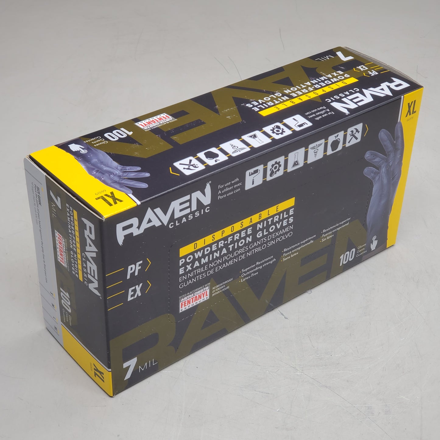 RAVEN (100 Gloves) Powder Free Nitrile Examination Gloves XL Black 66519 Disposable Powder-Free