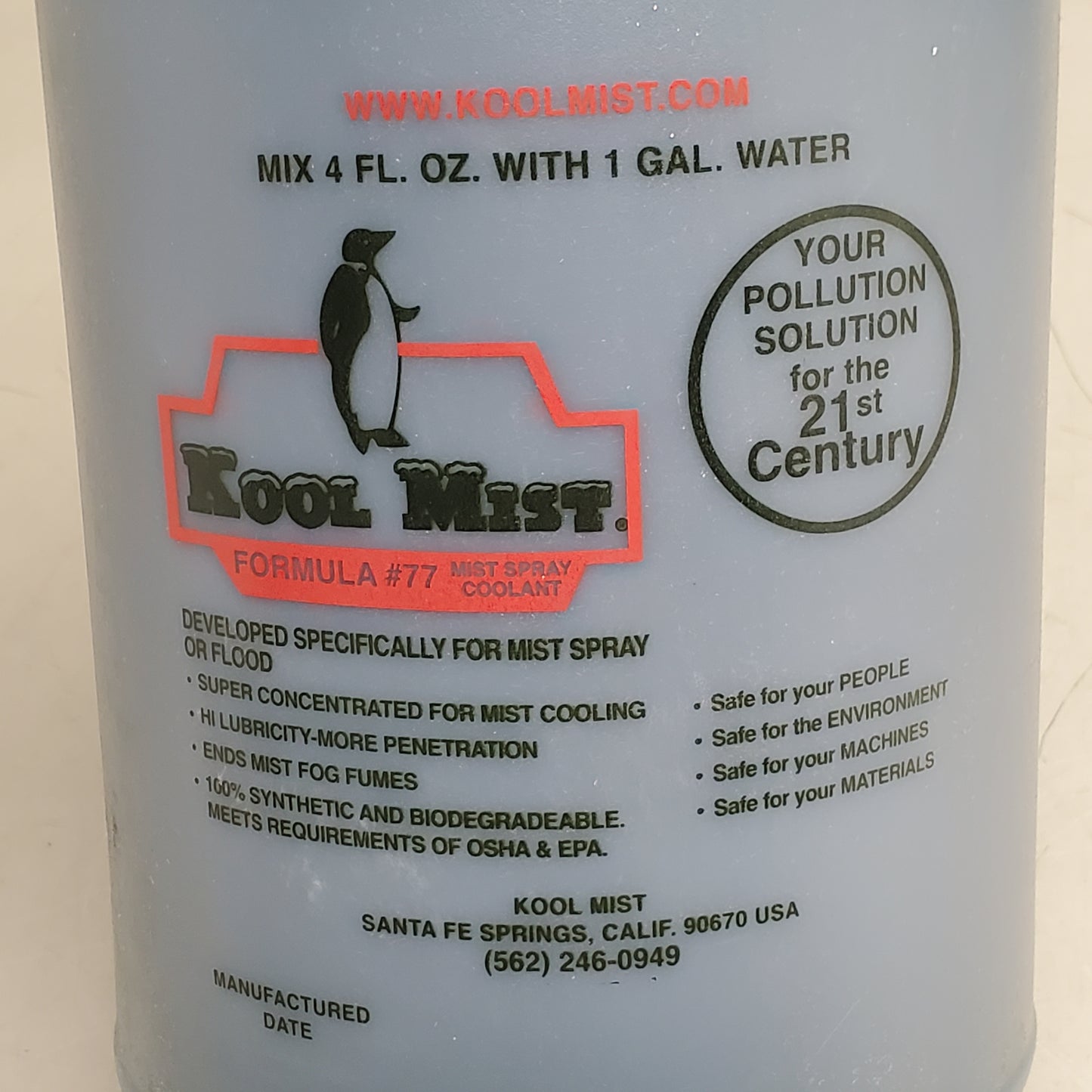 KOOL MIST Cutting Fluid Mist Spray Coolant Formula #77 Super Concentrated Water Based 1 Gal 09413436
