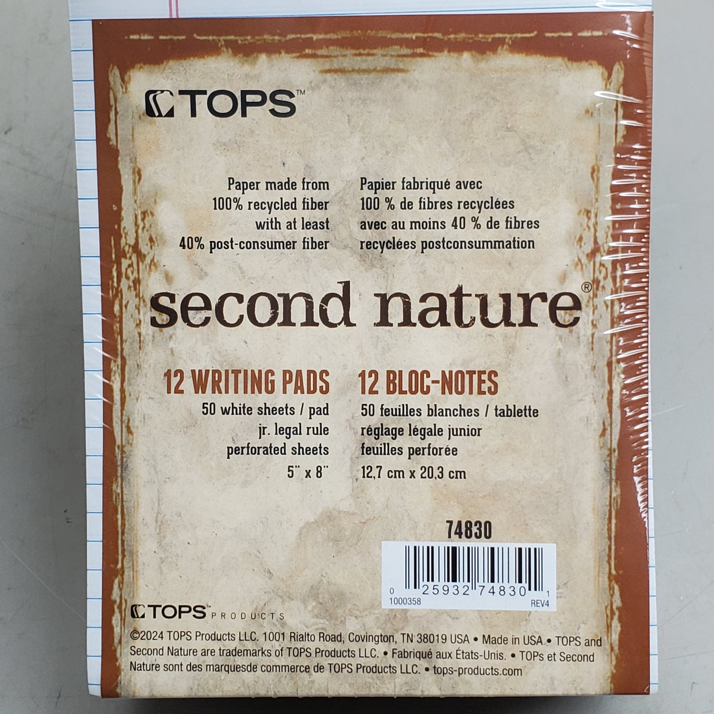 ZA@ TOPS (12 Pack) 2nd Nature Jr. Legal Pad 5 x 8 50 sheets White 74830 B