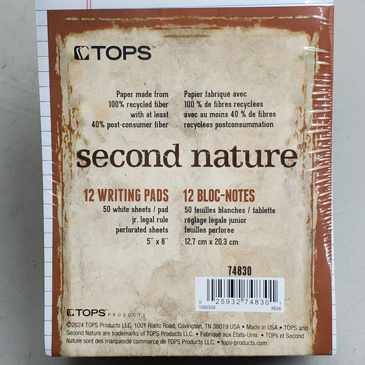 ZA@ TOPS (12 Pack) 2nd Nature Jr. Legal Pad 5 x 8 50 sheets White 74830 B