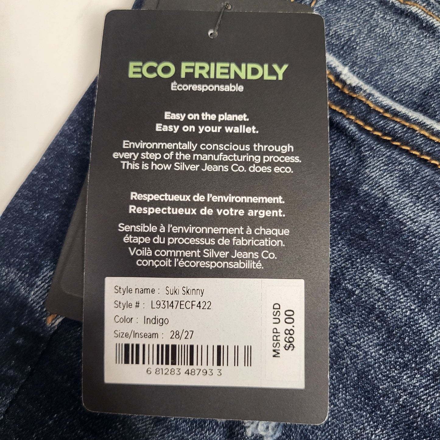SILVER JEANS CO. Suki Curvy Fit Skinny Leg Eco Friendly Sz 28/27 Indigo