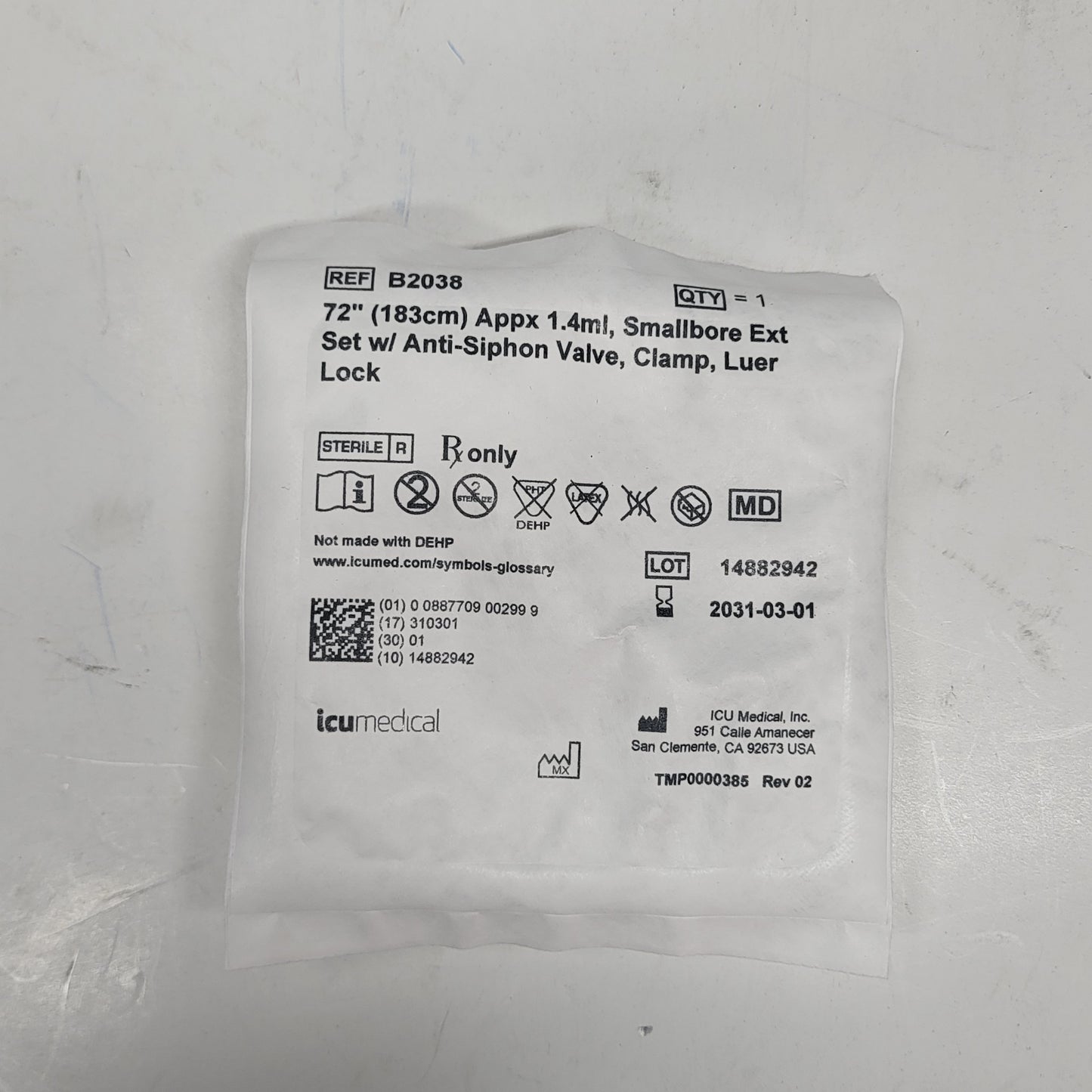 ICU MEDICAL (35 PACK) 1.4ml, Anti-siphon Valve, Clamp, Luer Lock 72" B2038