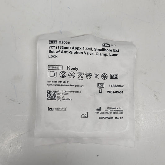 ICU MEDICAL (35 PACK) 1.4ml, Anti-siphon Valve, Clamp, Luer Lock 72" B2038