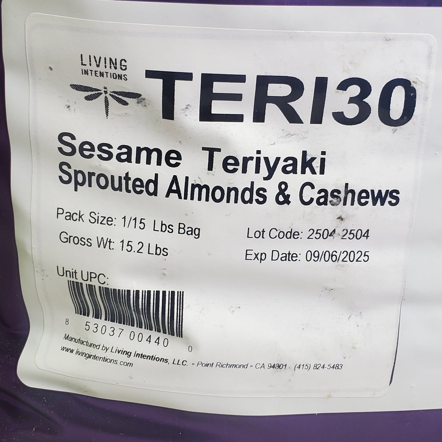 ZA@ LIVING INTENTIONS Sprouted Almonds & Cashews 15 Lbs Sesame Teriyaki BB 09/25 D