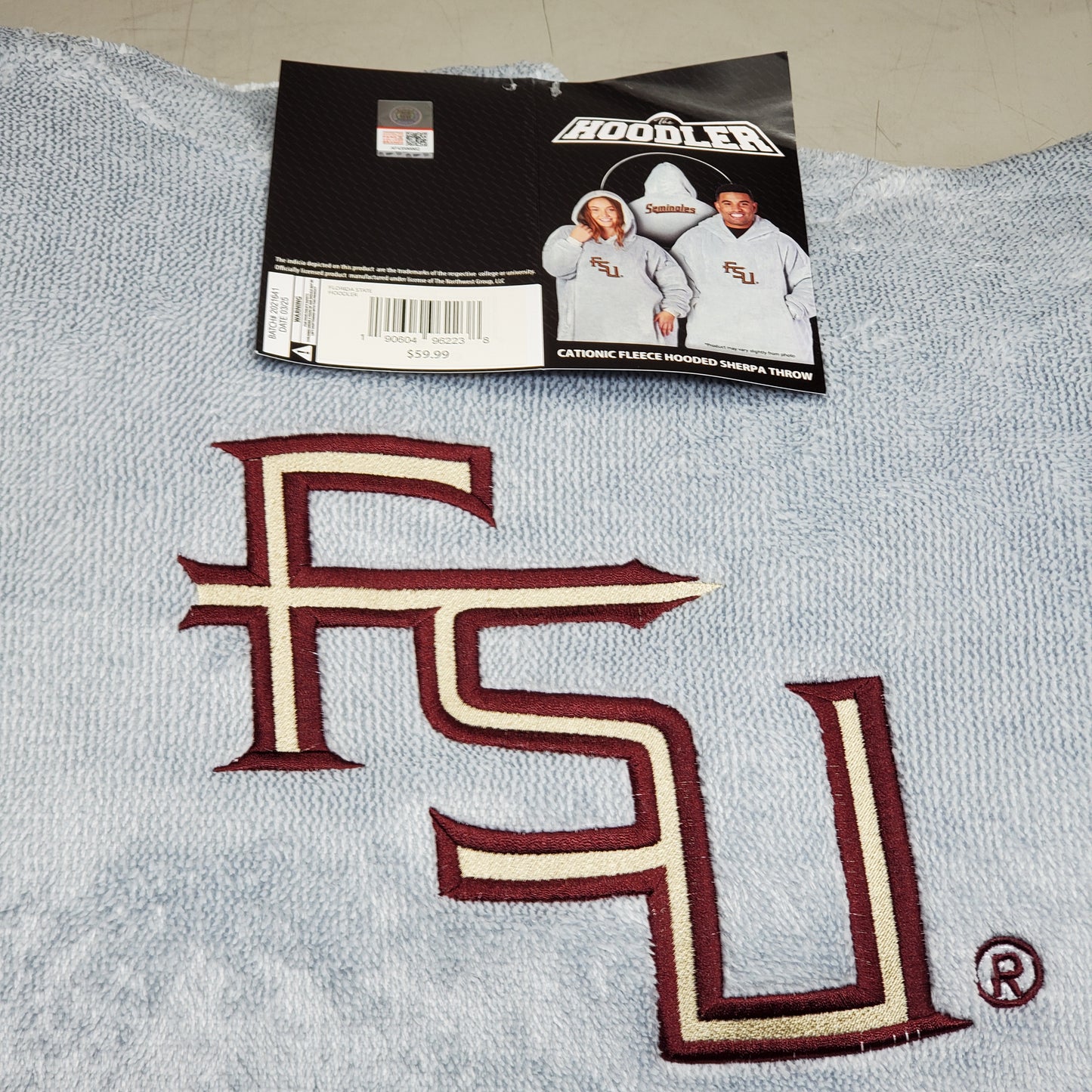 THE HOODLER Cationic Fleece Hooded Sherpa Throw FSU Seminoles One Size Fits Most Grey Florida State
