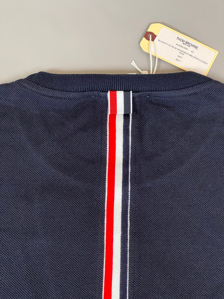 THOM BROWNE New York Relaxed Fit SS Tee w/ CB RWB Stripe in Classic Pique Navy Size 4 (New)