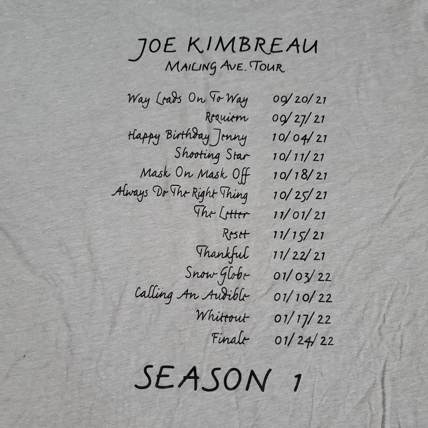 ORDINARY JOE Season 1 Tee Shirt Joe Kimbreau Mailing Ave Tour Sz XL Gray (New Other)