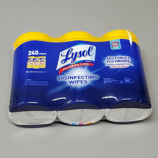 LYSOL 240 Disinfecting Wipes 3X80 Canister Packs Lemon & Lime Blossom Scent (New)