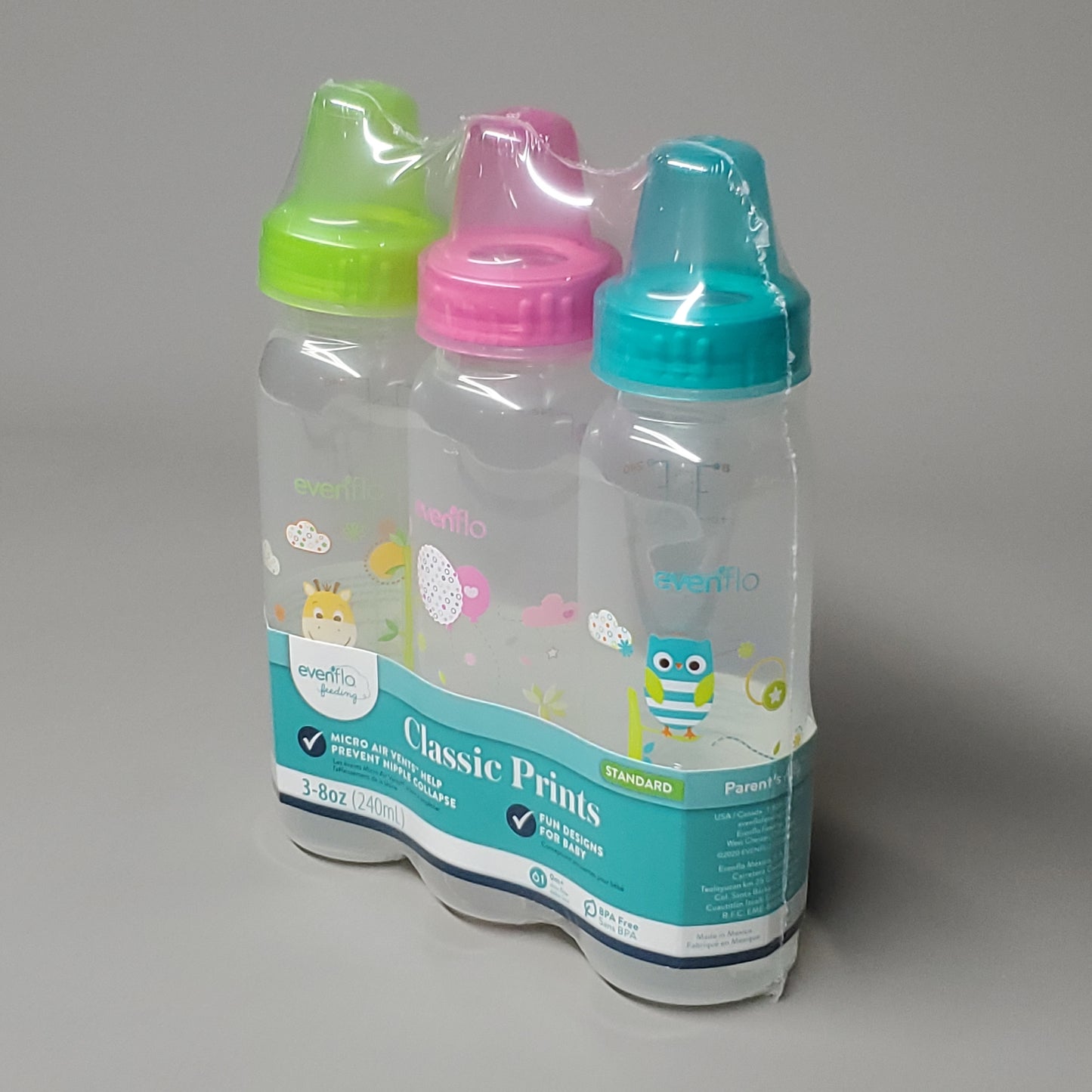 EVENFLO 3 Bottles Classic Prints Fun Design Standard Baby Bottles 8 oz 3 Colors 1338311 (New)