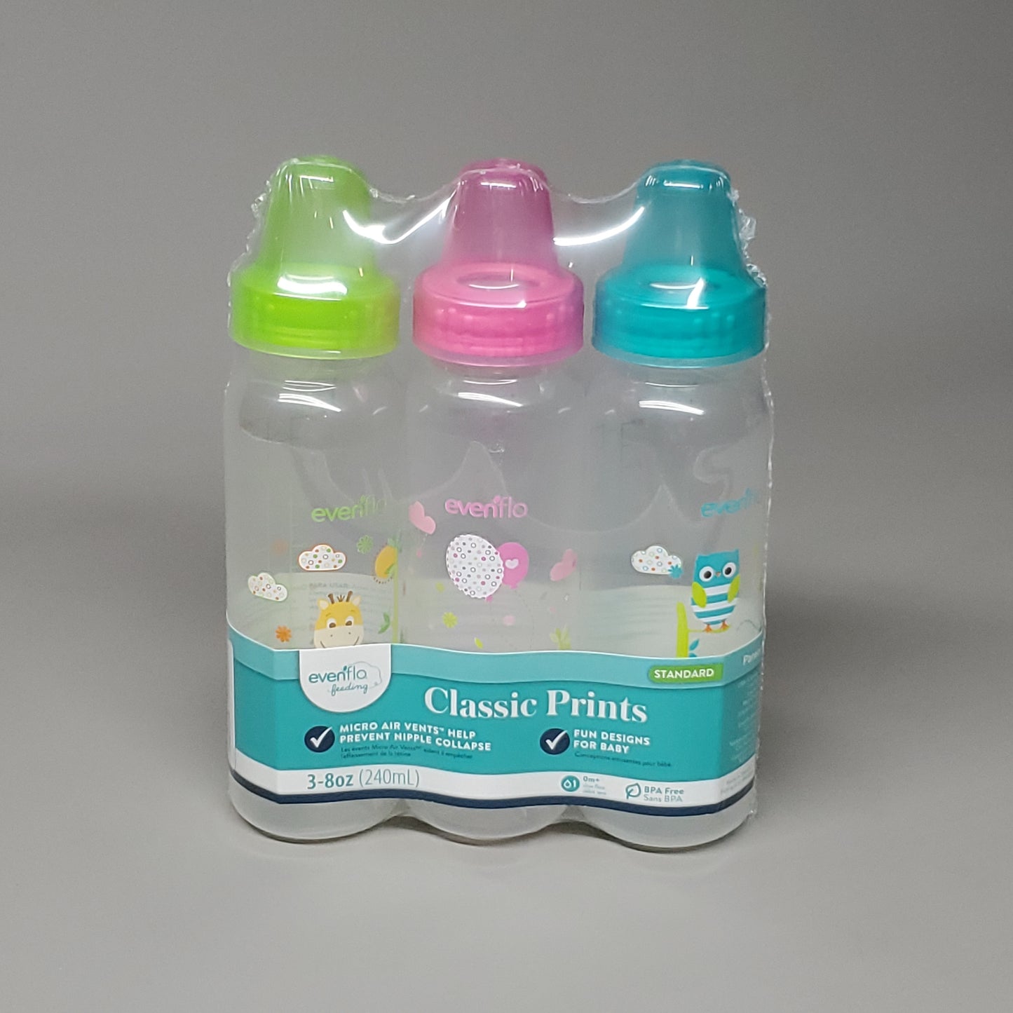 EVENFLO 3 Bottles Classic Prints Fun Design Standard Baby Bottles 8 oz 3 Colors 1338311 (New)