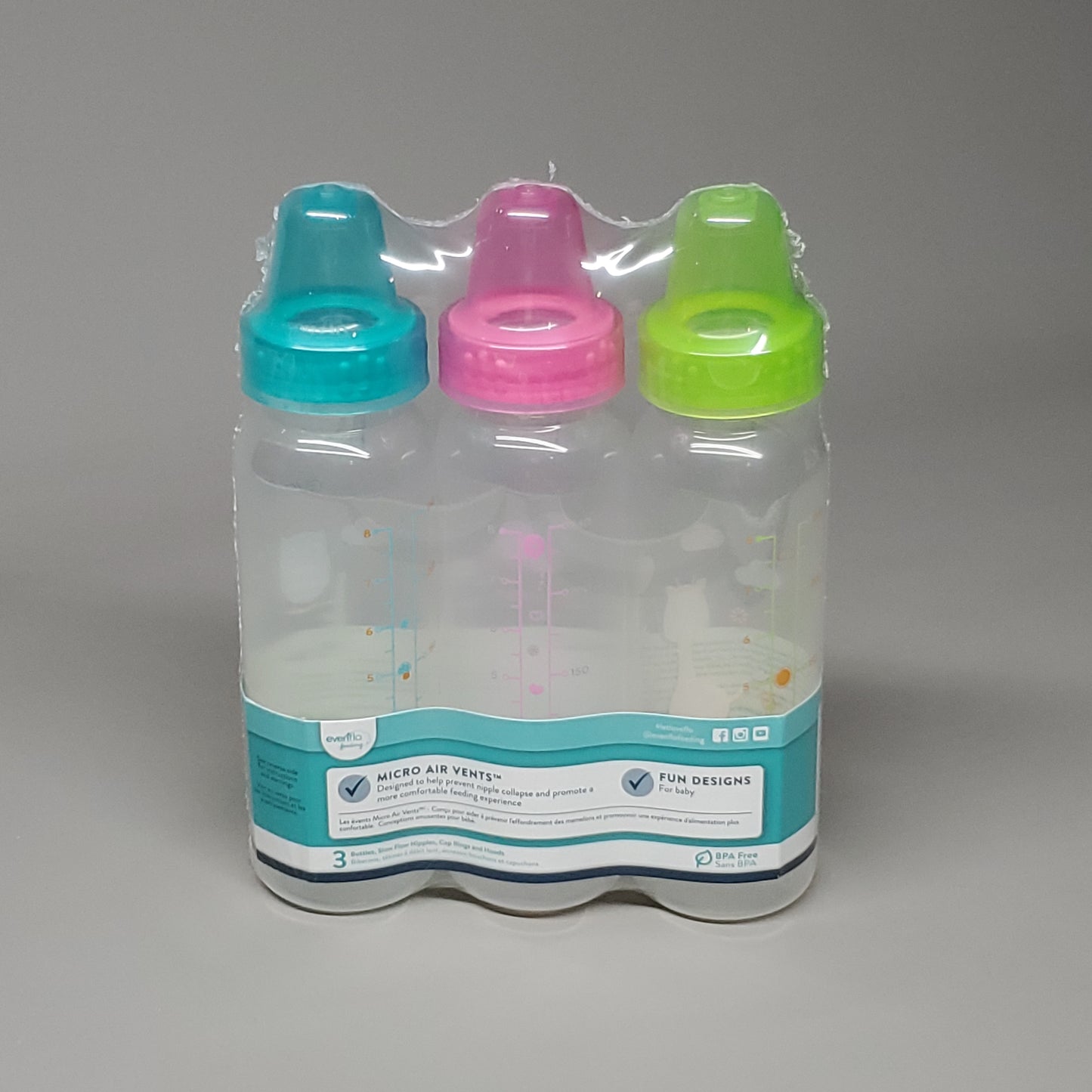 EVENFLO 3 Bottles Classic Prints Fun Design Standard Baby Bottles 8 oz 3 Colors 1338311 (New)